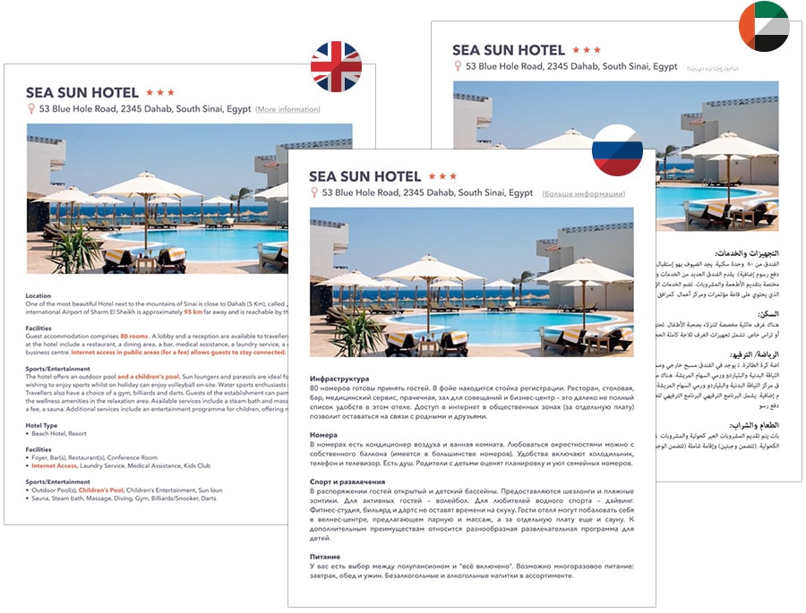Beispiel Screenshots für Multilingual Hotel descriptions und facts